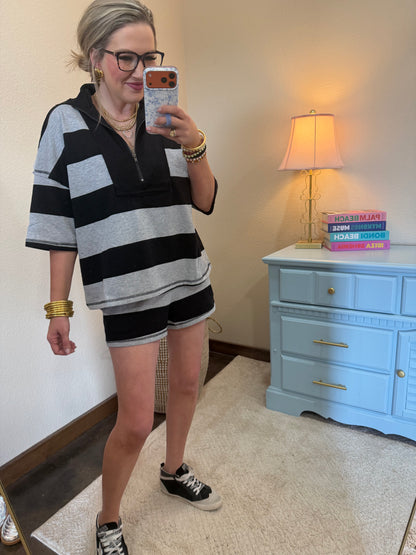 Black Striped Rugby Two Piece Set