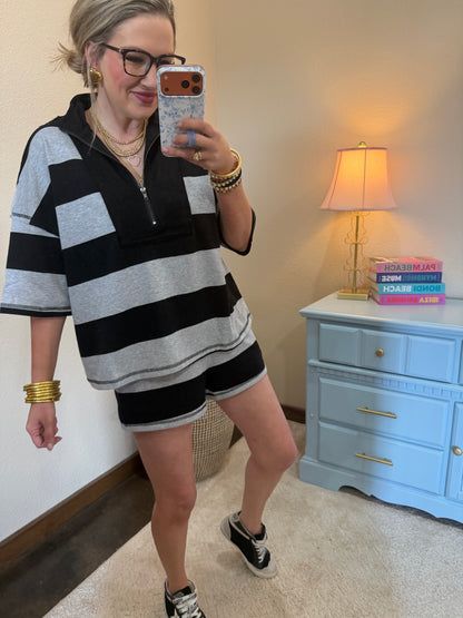 Black Striped Rugby Two Piece Set