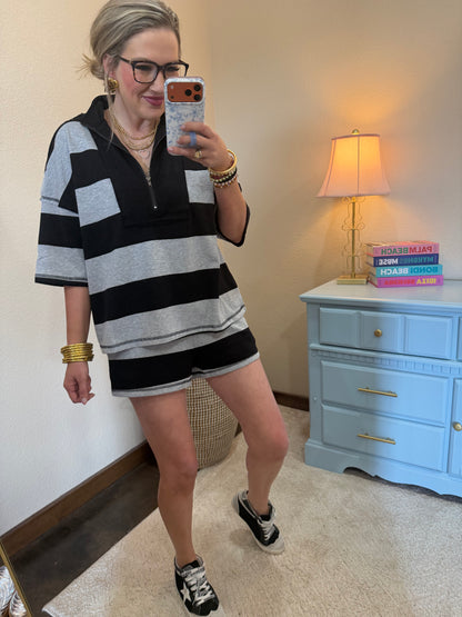 Black Striped Rugby Two Piece Set