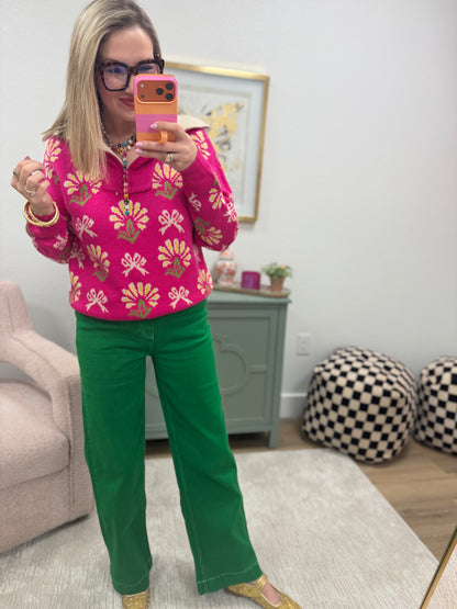 Fuchsia Floral 3/4 Zip Collared Sweater
