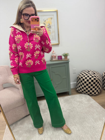 Fuchsia Floral 3/4 Zip Collared Sweater