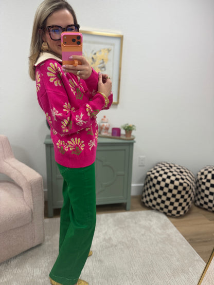Fuchsia Floral 3/4 Zip Collared Sweater