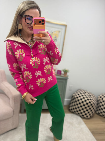 Fuchsia Floral 3/4 Zip Collared Sweater