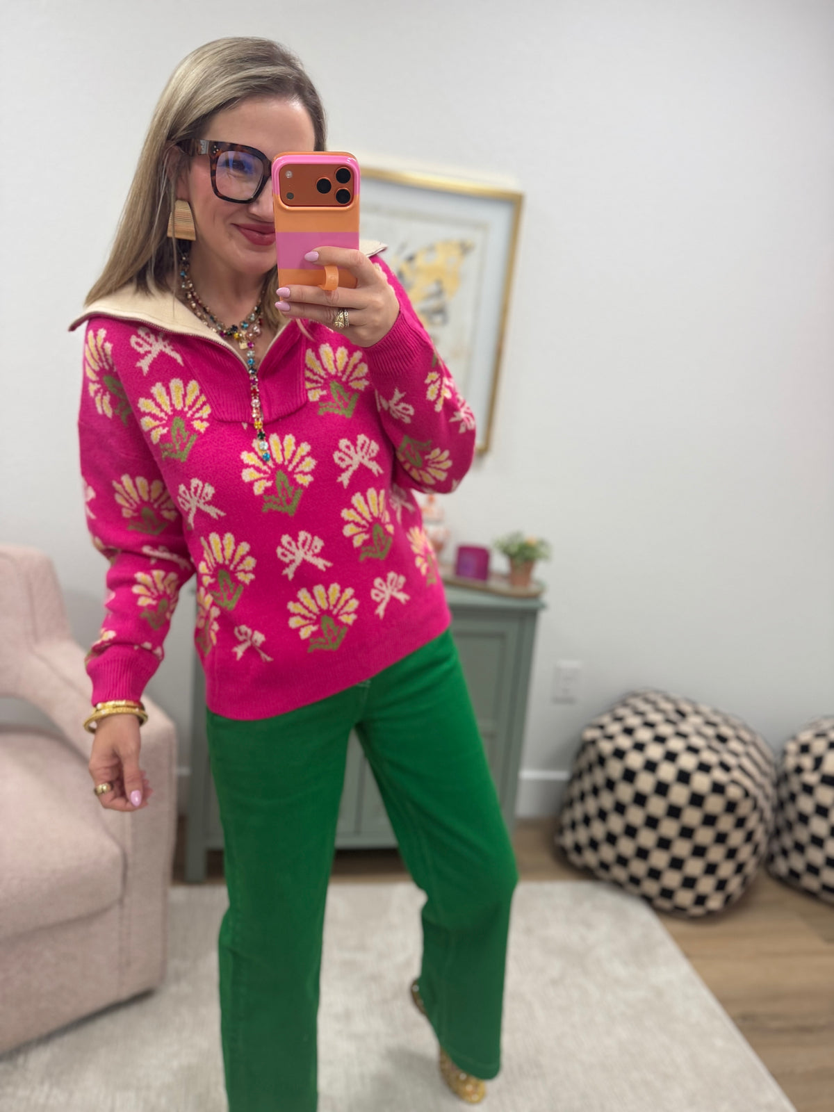 Fuchsia Floral 3/4 Zip Collared Sweater