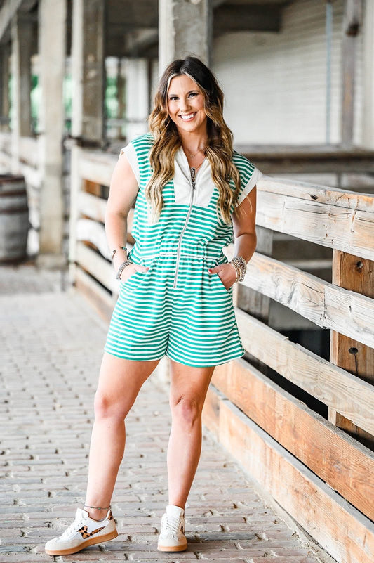 Heather Welper Collection- Green and Cream Striped Romper