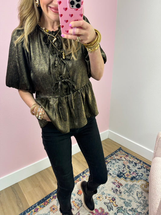 Metallic Front Tie Detail Baby Doll Open Blouse