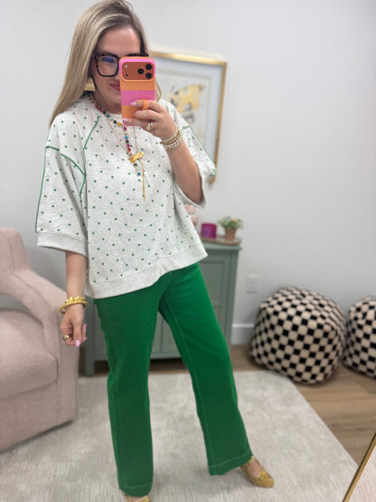 Heather Grey & Green Piping & Mini Dot Printed French Terry Top