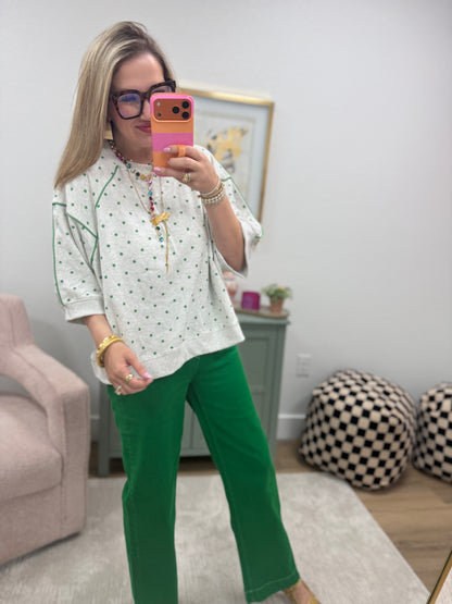 Heather Grey & Green Piping & Mini Dot Printed French Terry Top