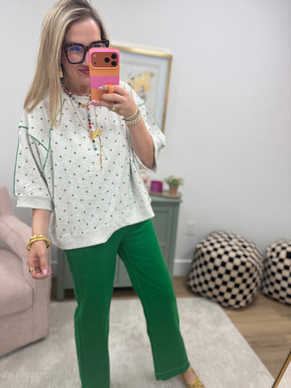 Heather Grey & Green Piping & Mini Dot Printed French Terry Top