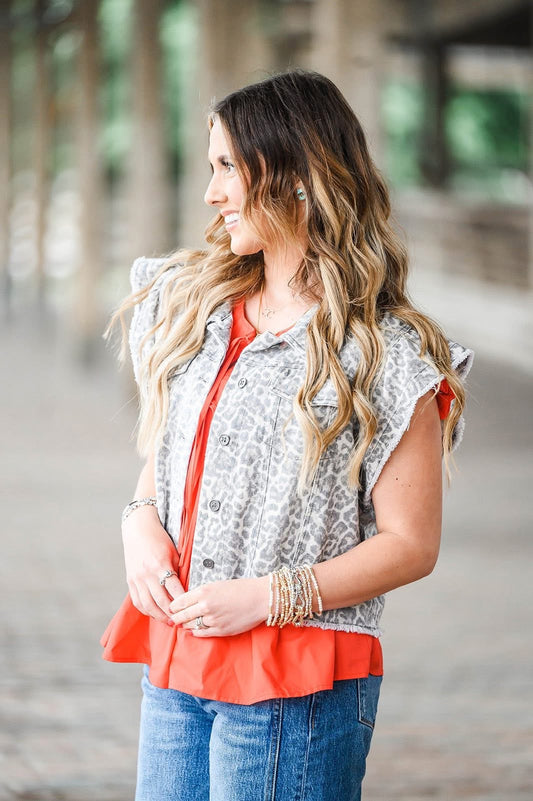 Heather Welper Collection- Cheetah Denim Button Up Flutter Sleeve Vest