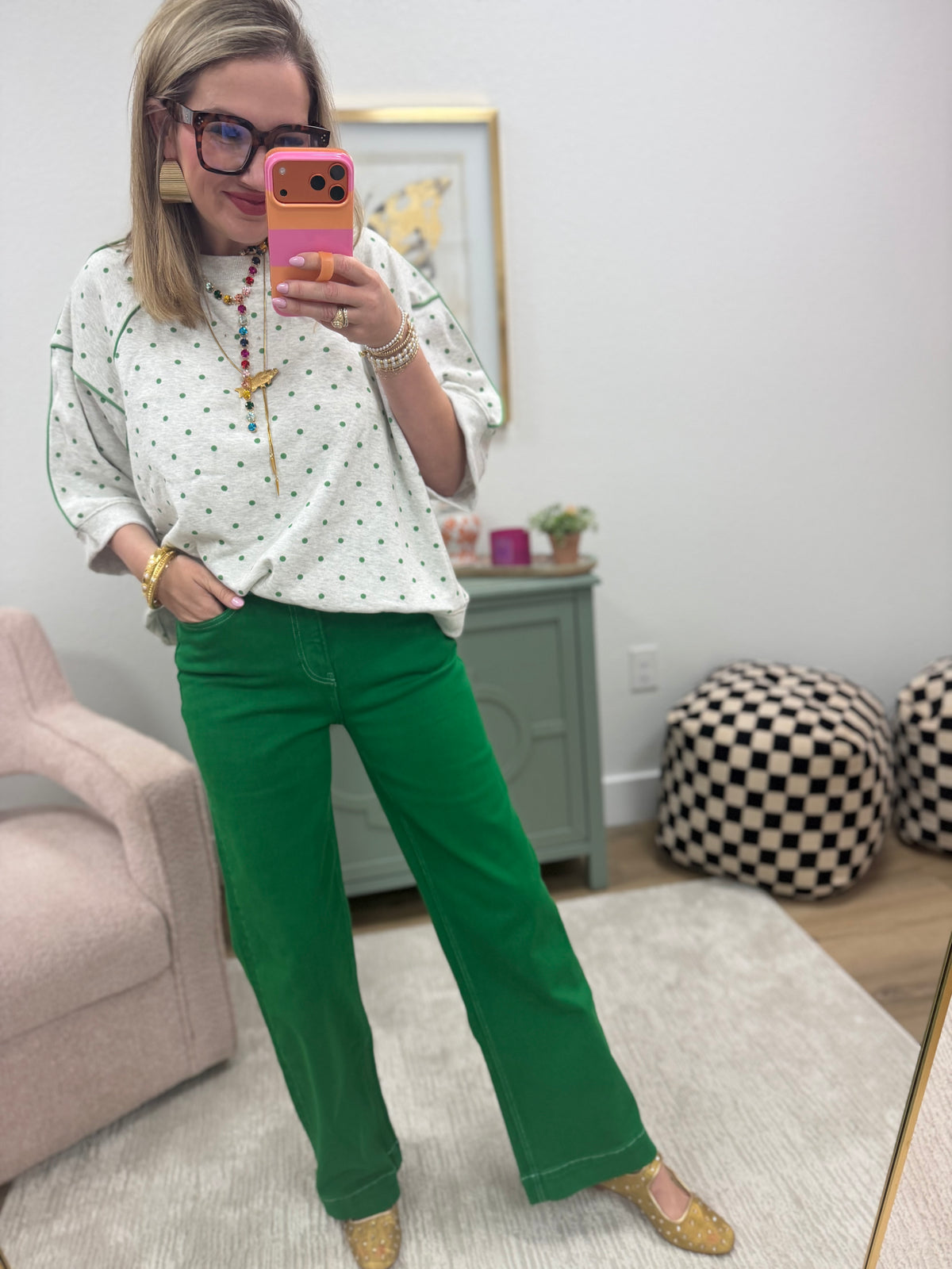 Heather Grey & Green Piping & Mini Dot Printed French Terry Top