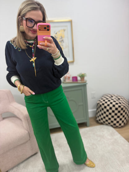 Navy Color Block Tiger Embroidered Shoulder Knit Top