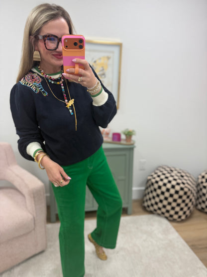 Navy Color Block Tiger Embroidered Shoulder Knit Top