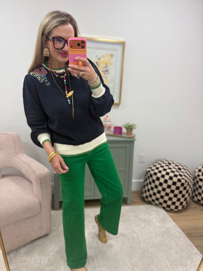 Navy Color Block Tiger Embroidered Shoulder Knit Top