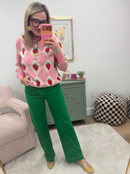 Soft Pink Strawberry and Diamond Grid Pattern Crew Neck Sweater