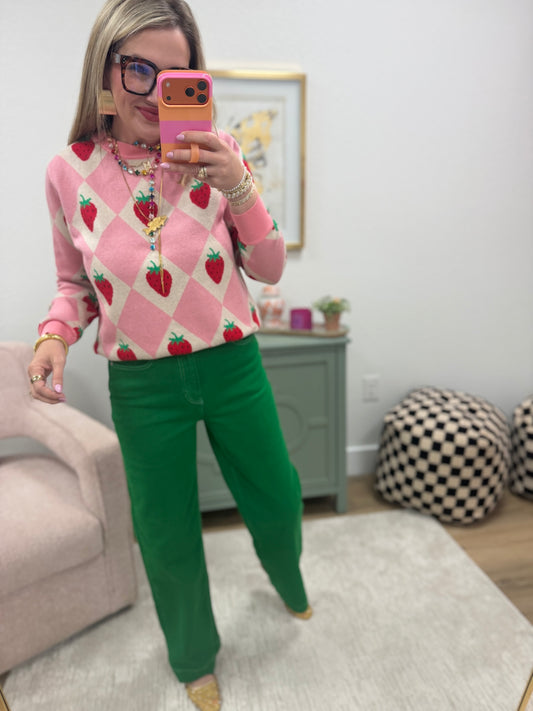 Soft Pink Strawberry and Diamond Grid Pattern Crew Neck Sweater