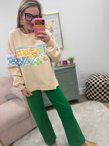 Oatmeal Mineral Washed Top with Floral Patch Details