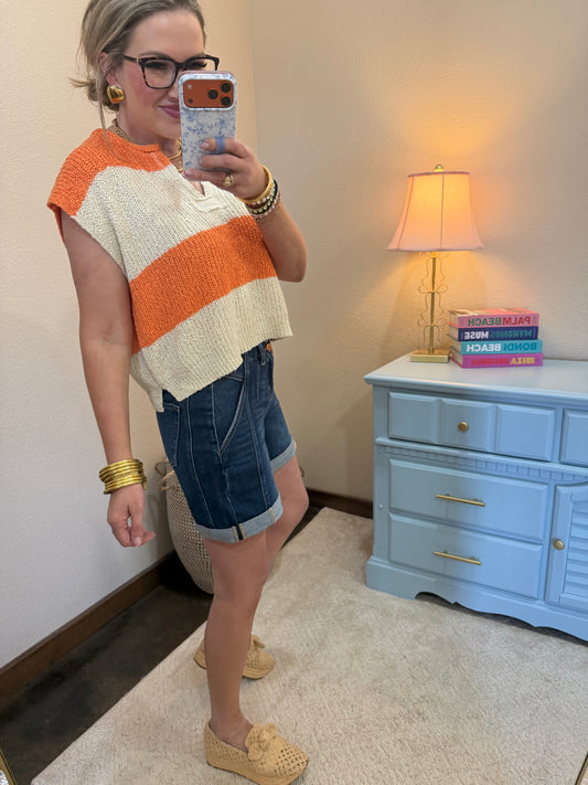 Orange Split Neck Sleeveless Stripe Sweater