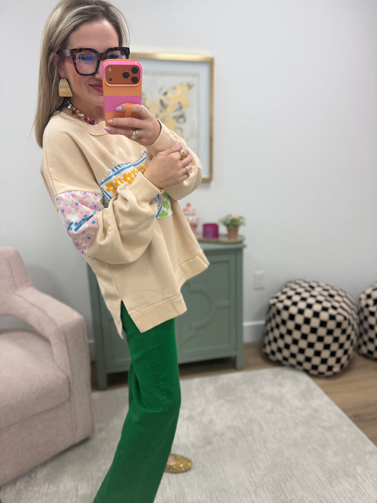 Oatmeal Mineral Washed Top with Floral Patch Details