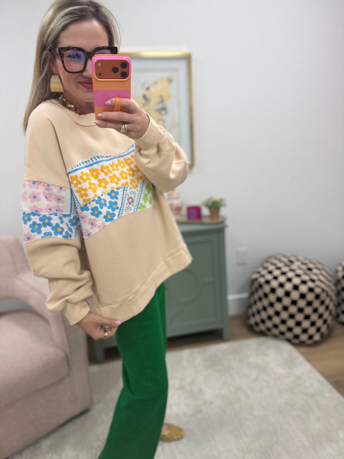 Oatmeal Mineral Washed Top with Floral Patch Details