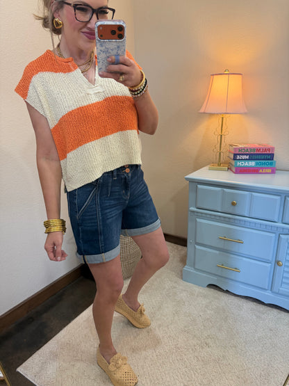 Orange Split Neck Sleeveless Stripe Sweater