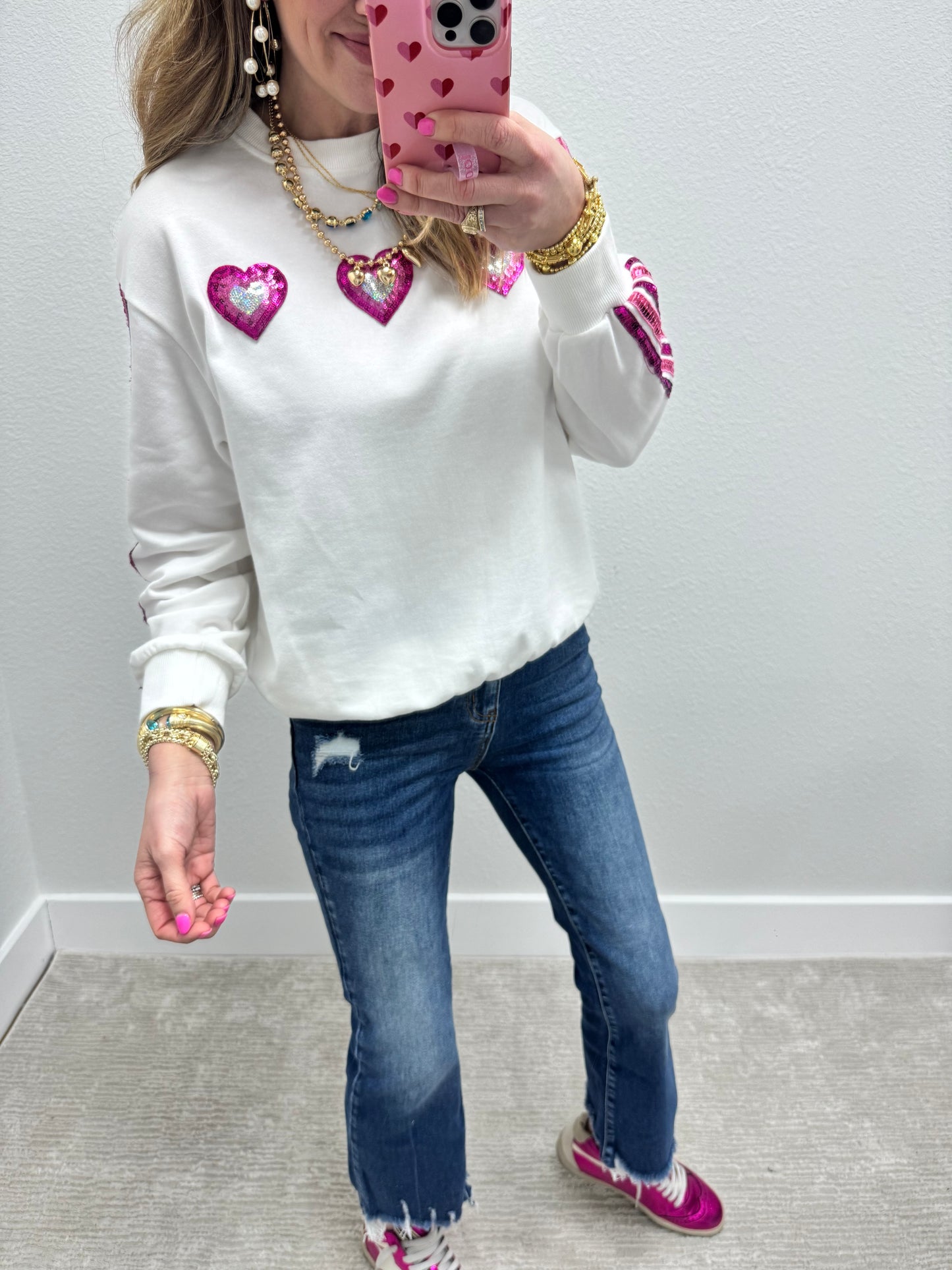 Sequin Heart Patch and Stripe Sweater Top