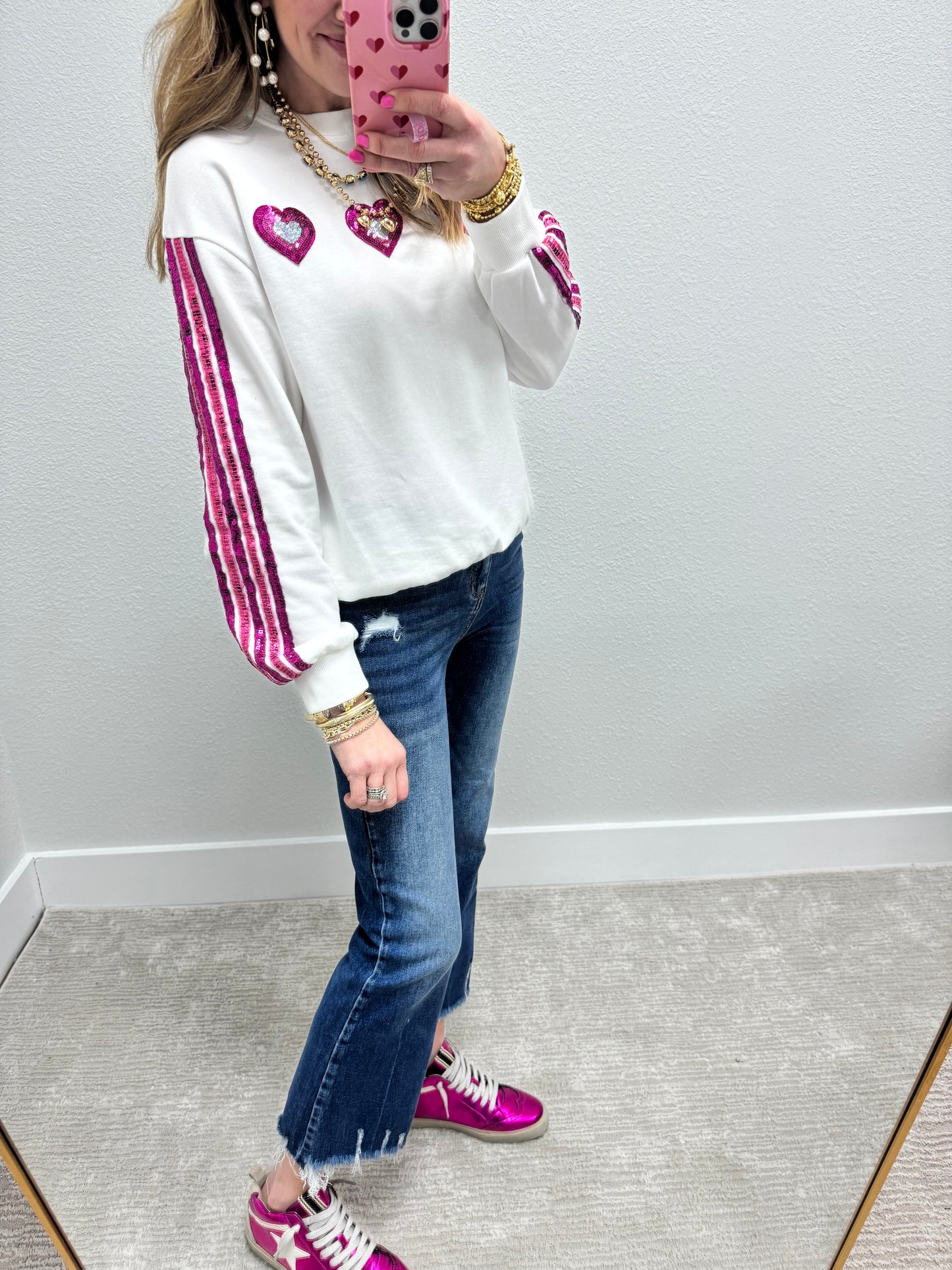 Sequin Heart Patch and Stripe Sweater Top