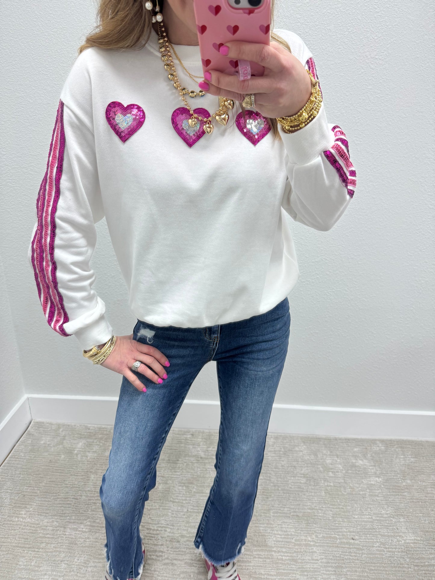 Sequin Heart Patch and Stripe Sweater Top