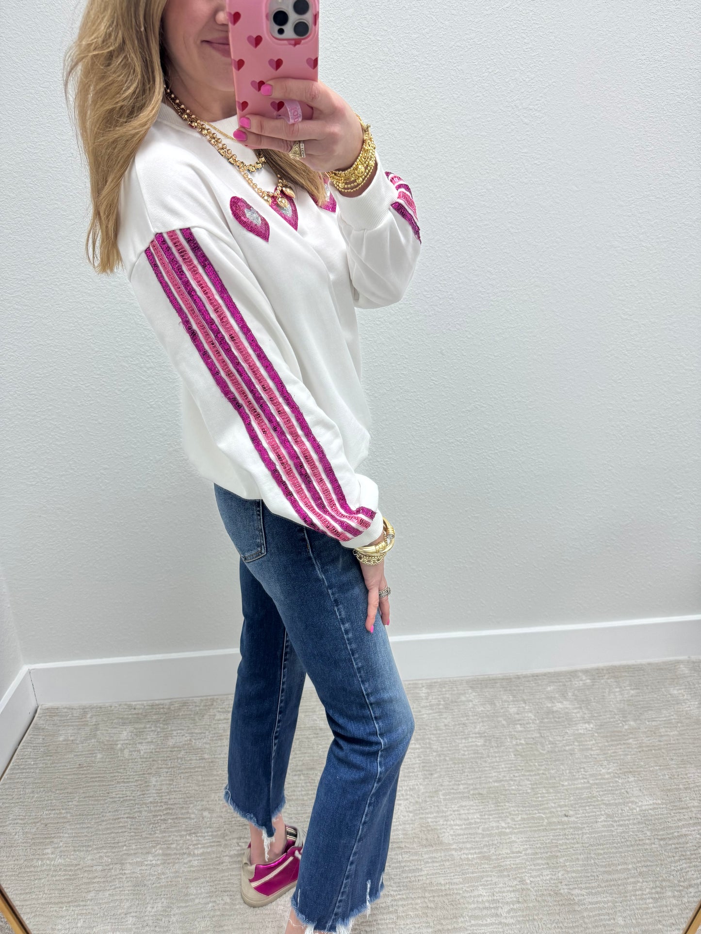 Sequin Heart Patch and Stripe Sweater Top