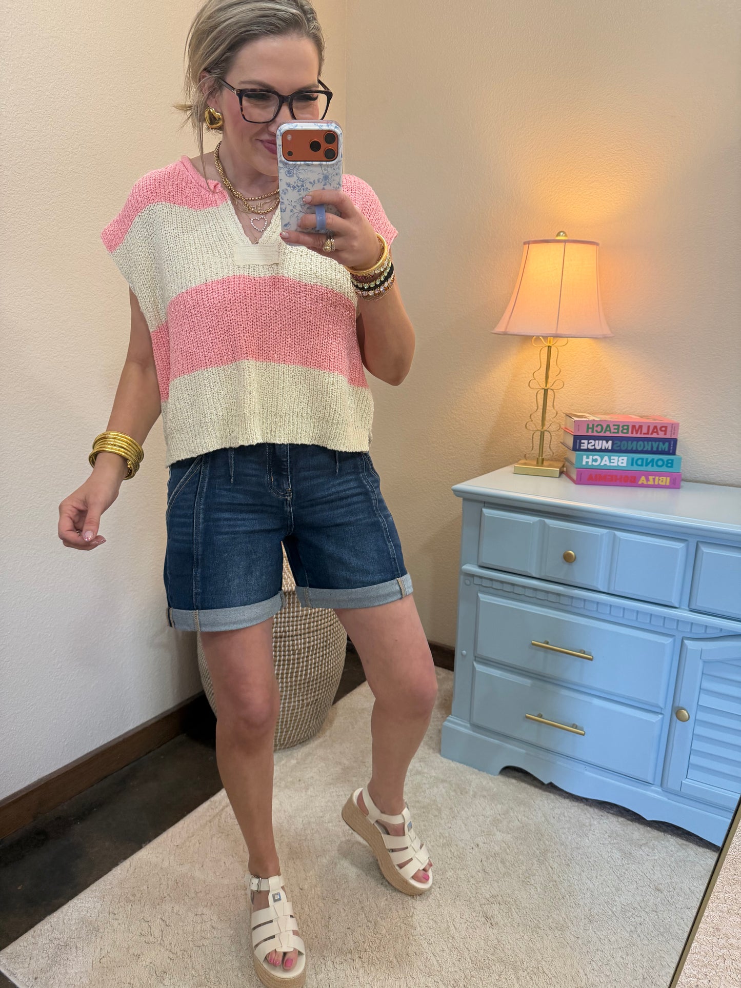 Pink Split Neck Sleeveless Stripe Sweater