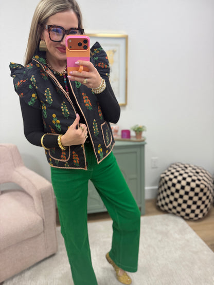 Floral Print Puffy Vest With Pockets