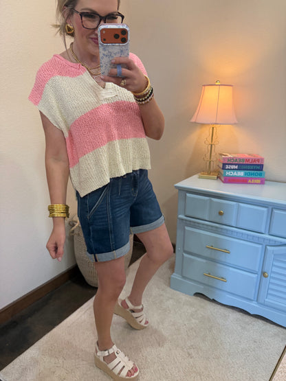 Pink Split Neck Sleeveless Stripe Sweater