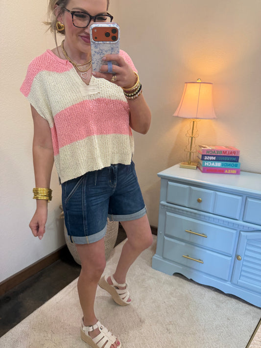 Pink Split Neck Sleeveless Stripe Sweater