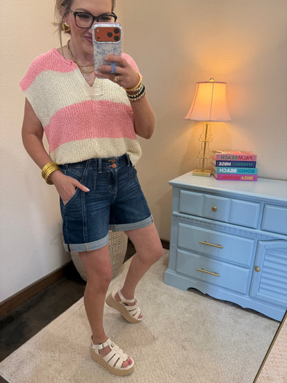 Pink Split Neck Sleeveless Stripe Sweater