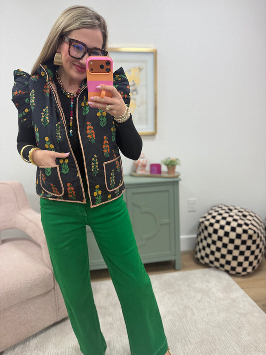 Floral Print Puffy Vest With Pockets