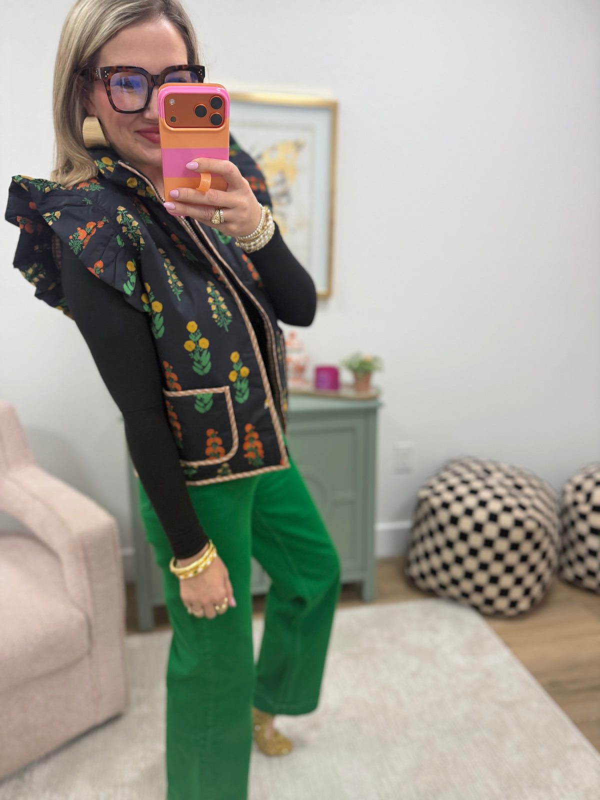 Floral Print Puffy Vest With Pockets