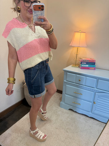 Pink Split Neck Sleeveless Stripe Sweater