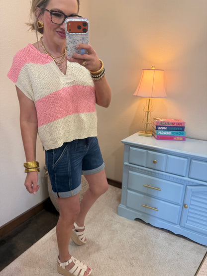 Pink Split Neck Sleeveless Stripe Sweater