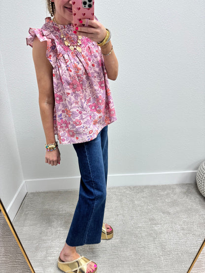 Pink Floral Ruffle Sleeve High Low Fit Top