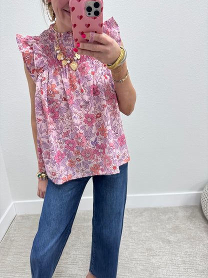 Pink Floral Ruffle Sleeve High Low Fit Top