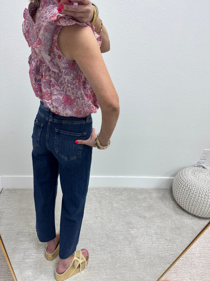 Pink Floral Ruffle Sleeve High Low Fit Top