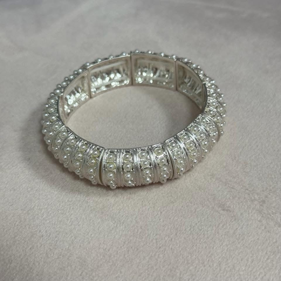Pearl Stretchy Studded Bangle Bracelet (silver and gold)