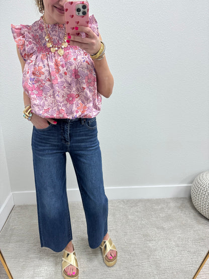 Pink Floral Ruffle Sleeve High Low Fit Top