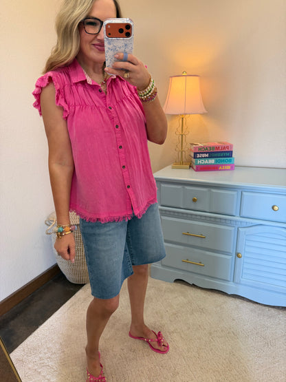 Hot Pink Button Flutter Sleeve Top
