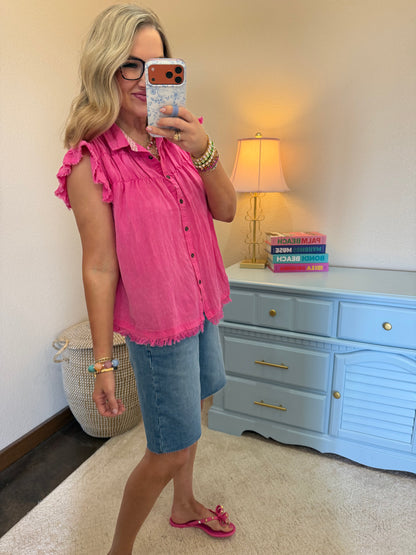 Hot Pink Button Flutter Sleeve Top