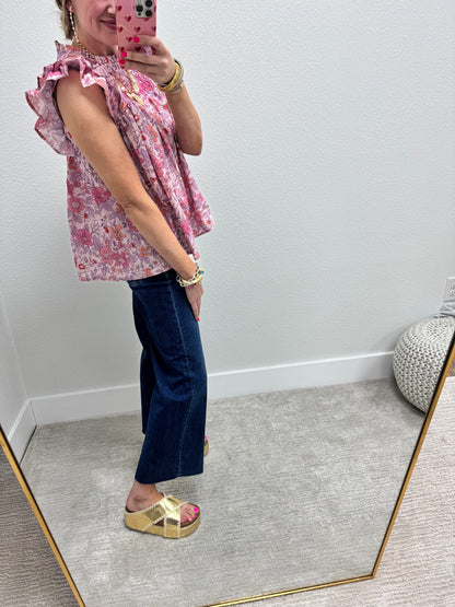 Pink Floral Ruffle Sleeve High Low Fit Top