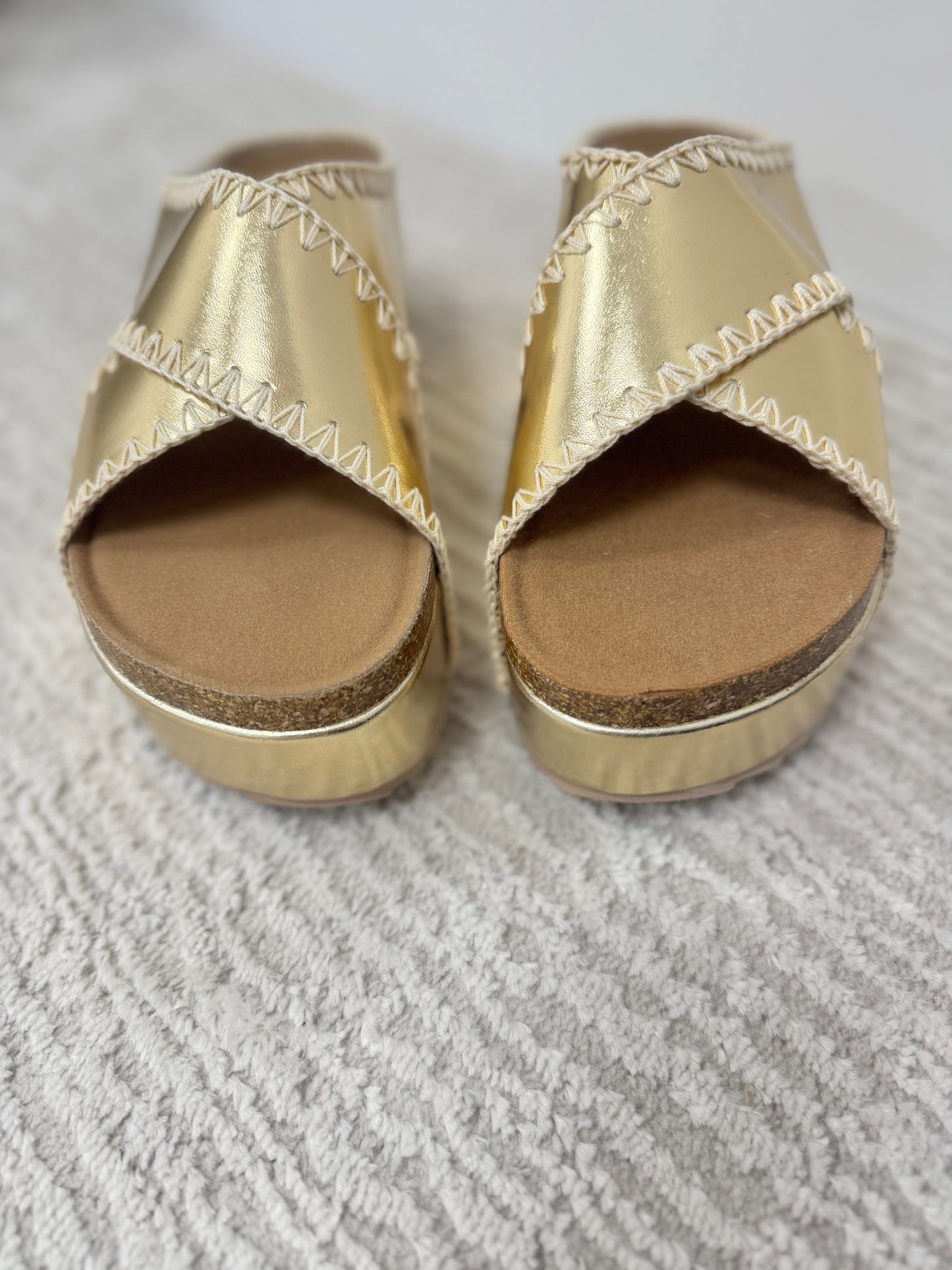Metallic Gold Stitch Wedge Sandal