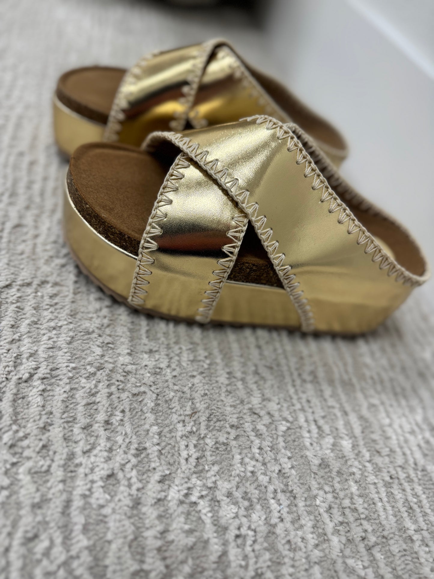 Metallic Gold Stitch Wedge Sandal