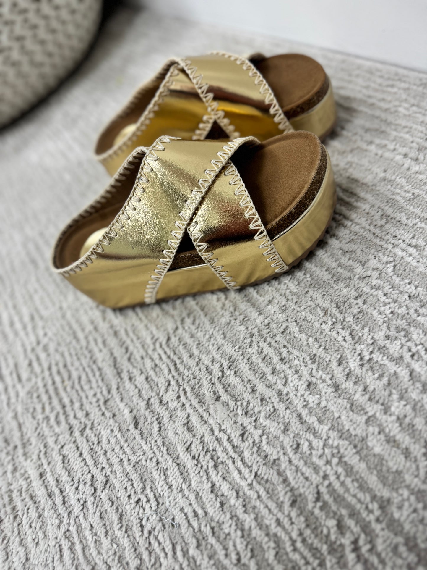 Metallic Gold Stitch Wedge Sandal