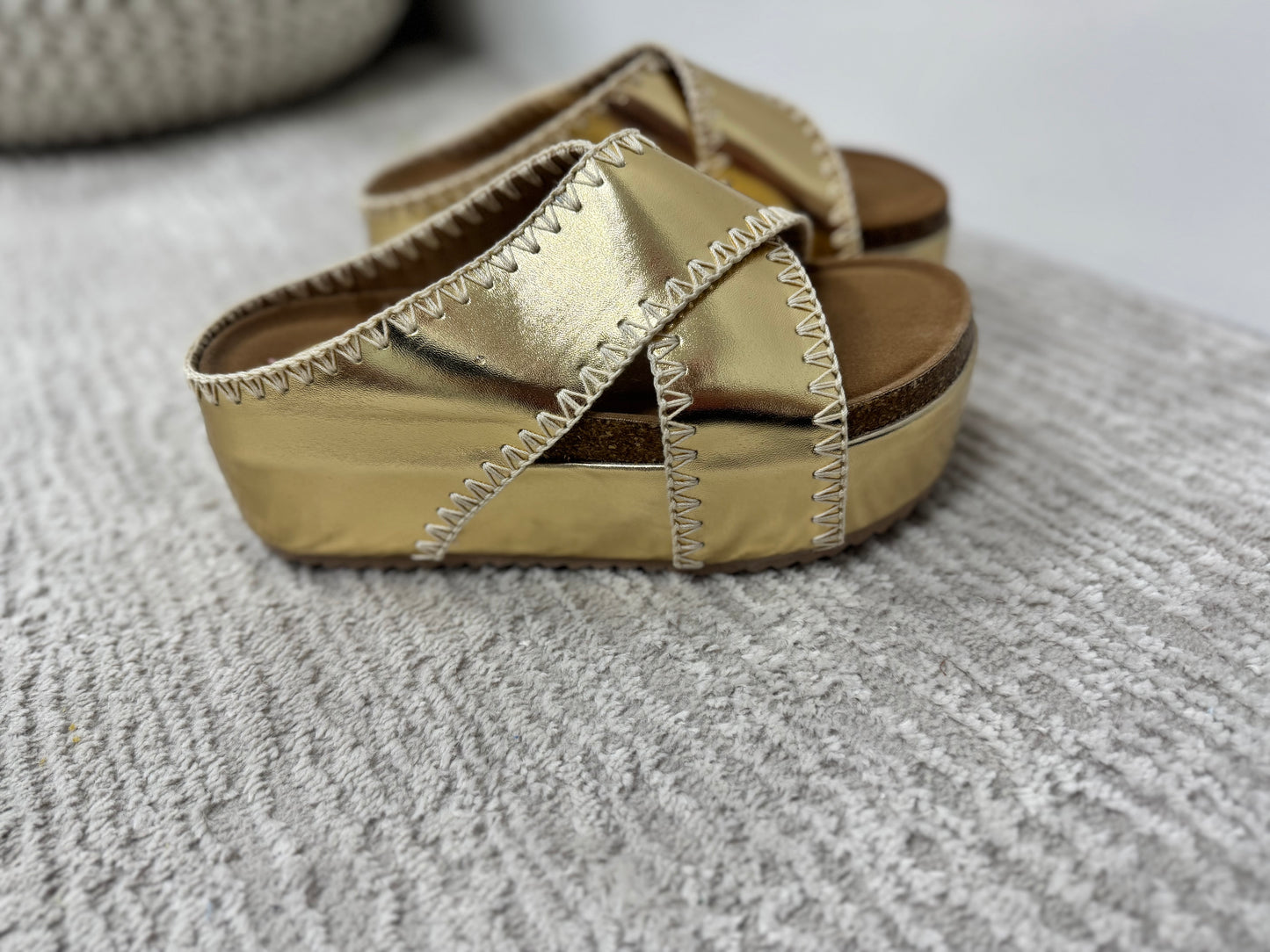 Metallic Gold Stitch Wedge Sandal